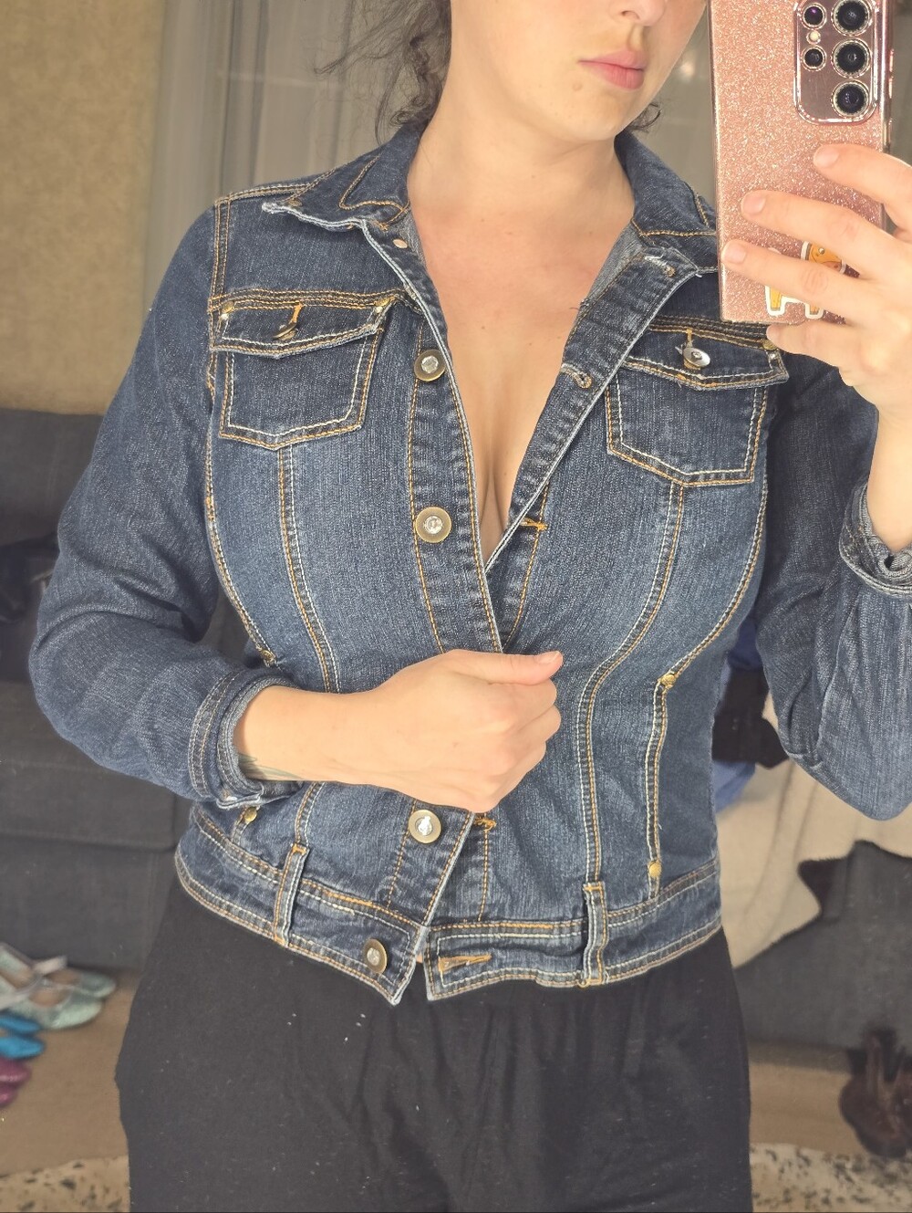 dressbarn Dark Blue Denim Jacket with Gold Stitching - Picture 2 of 9
